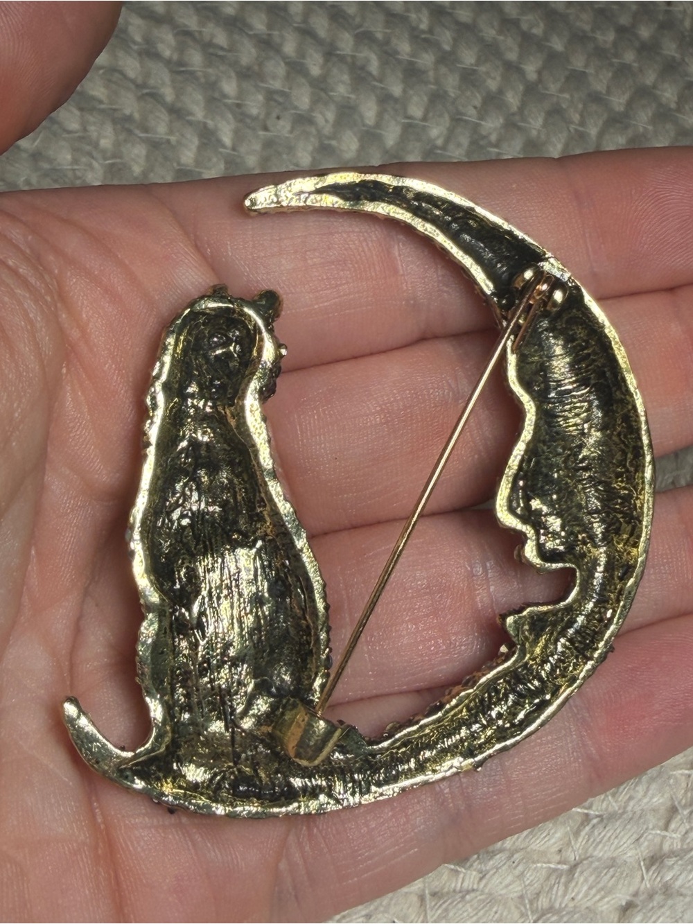 Halloween Black Cat Crescent Moon Brooch Rhinestone Witchy Jewelry - Picture 6 of 11